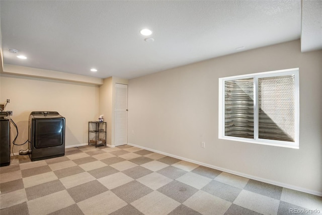 12535 Forest View St, Broomfield, CO 80020 - basement with recessed lighting, baseboards, washer / clothes dryer, and light colored carpet