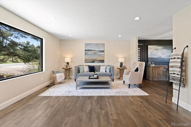 living area with recessed lighting, baseboards, and wood finished floors