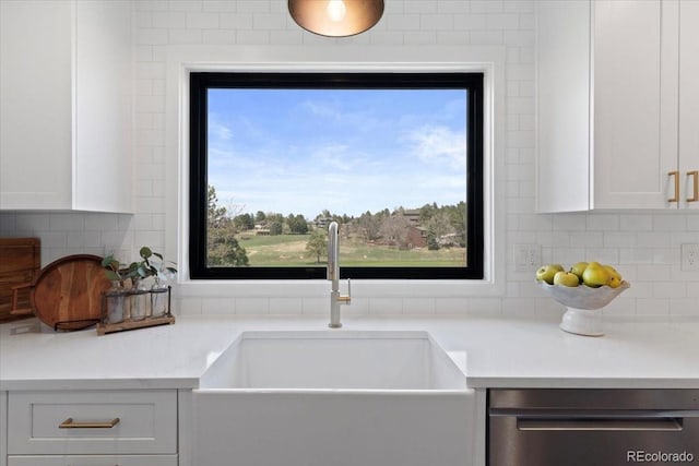 details with a sink, white cabinetry, dishwasher, and tasteful backsplash