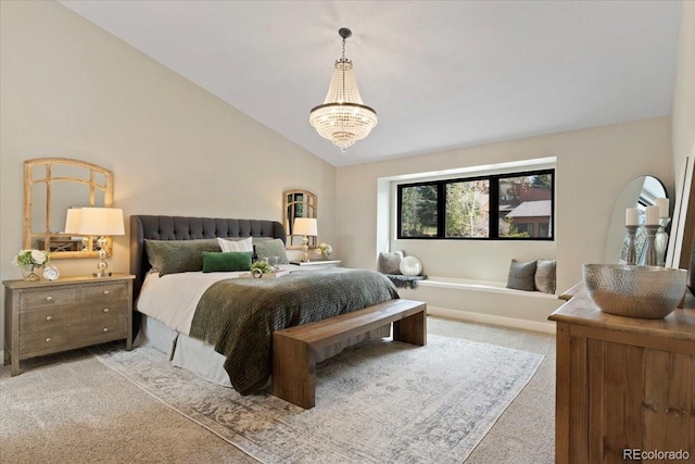 carpeted bedroom featuring lofted ceiling and a notable chandelier