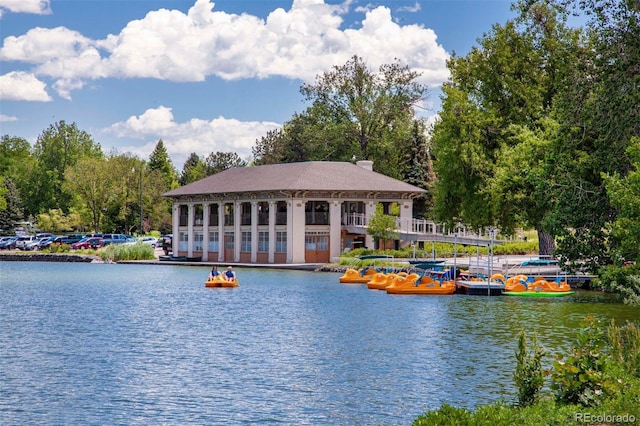 view of water feature with a dock