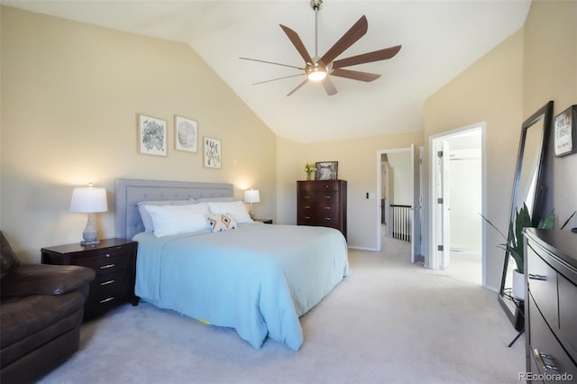 bedroom with light colored carpet, ceiling fan, and high vaulted ceiling