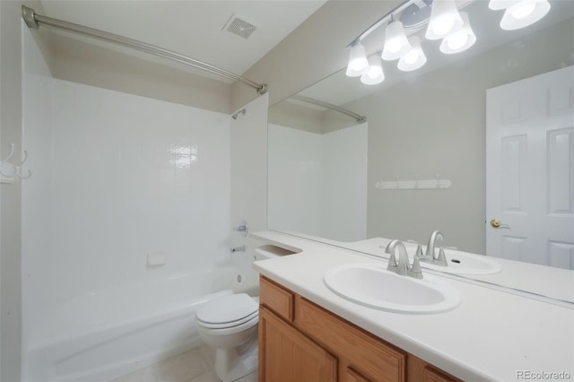 full bath with visible vents, toilet, tile patterned flooring, bathtub / shower combination, and vanity