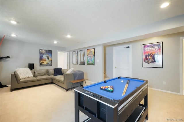 playroom with recessed lighting, light colored carpet, billiards, and baseboards