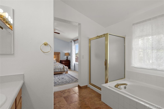 408 Sylvestor Trl, Highlands Ranch, CO 80129 - full bathroom with a stall shower, vanity, a garden tub, ensuite bathroom, and lofted ceiling