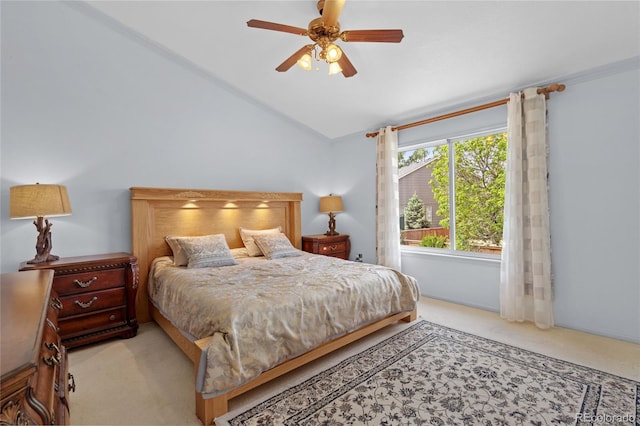 408 Sylvestor Trl, Highlands Ranch, CO 80129 - bedroom featuring light carpet, lofted ceiling, and a ceiling fan