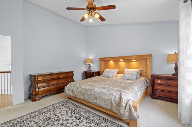 408 Sylvestor Trl, Highlands Ranch, CO 80129 - carpeted bedroom featuring crown molding, ceiling fan, and lofted ceiling