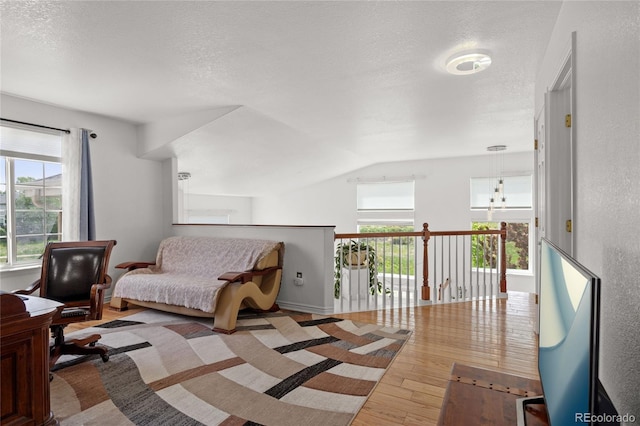 408 Sylvestor Trl, Highlands Ranch, CO 80129 - living area with hardwood / wood-style flooring, a textured ceiling, and vaulted ceiling