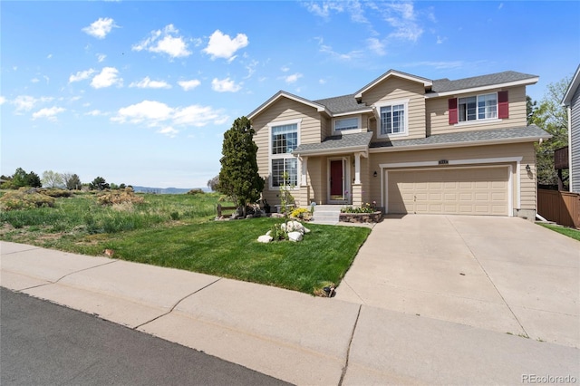 408 Sylvestor Trl, Highlands Ranch, CO 80129 - traditional-style house featuring concrete driveway, a garage, a front lawn, and a shingled roof