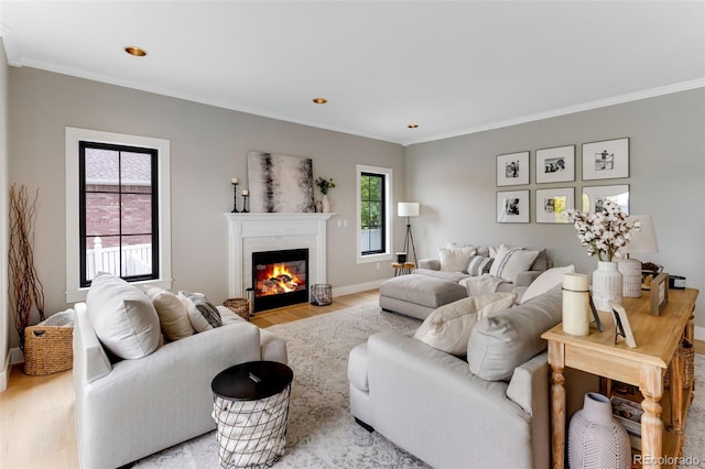 1311 Fletcher Dr, Erie, CO 80516 - living room with light wood-type flooring, a glass covered fireplace, crown molding, baseboards, and recessed lighting