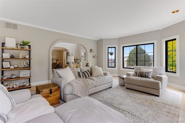 1311 Fletcher Dr, Erie, CO 80516 - living room featuring arched walkways, baseboards, crown molding, and wood finished floors