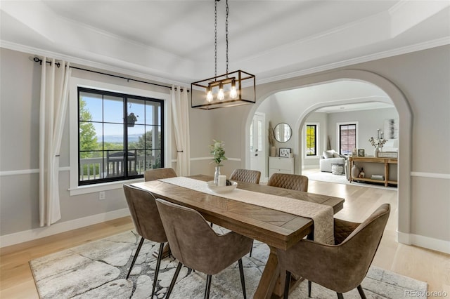 1311 Fletcher Dr, Erie, CO 80516 - dining space with a tray ceiling, arched walkways, light wood finished floors, crown molding, and baseboards