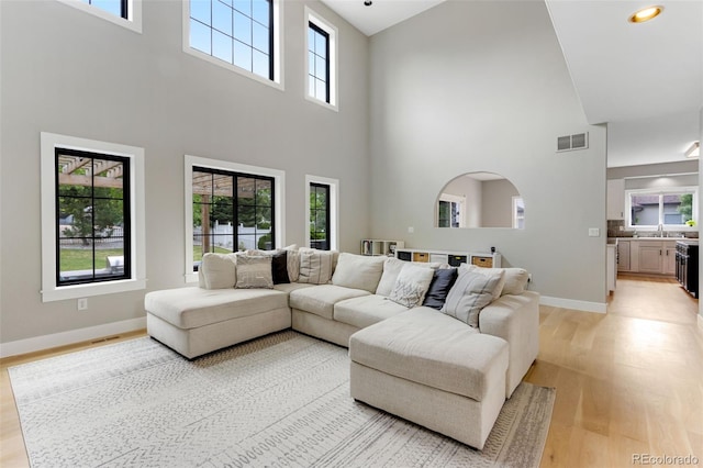 1311 Fletcher Dr, Erie, CO 80516 - living area featuring light wood-type flooring, a towering ceiling, and baseboards