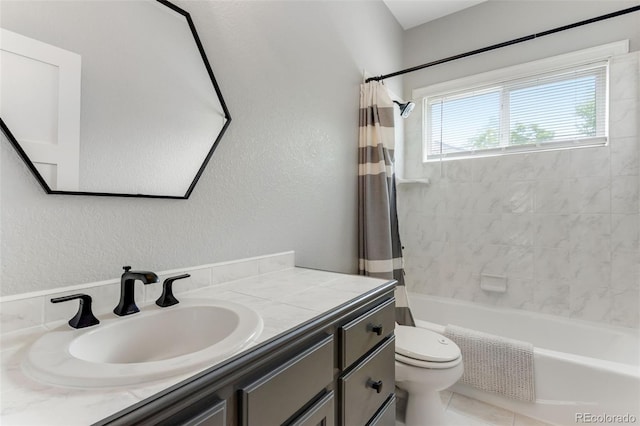 1311 Fletcher Dr, Erie, CO 80516 - full bath featuring toilet, vanity, shower / bath combo, and a textured wall