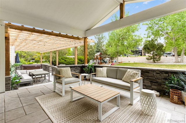 1311 Fletcher Dr, Erie, CO 80516 - view of patio / terrace with a hot tub, an outdoor living space, a playground, and a pergola