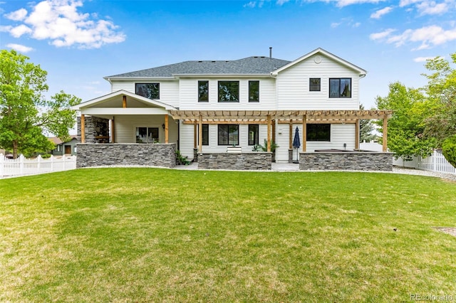 1311 Fletcher Dr, Erie, CO 80516 - view of front of house with a pergola, a shingled roof, and stone siding