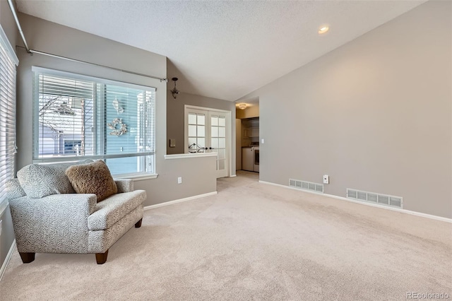 sitting room featuring light carpet, baseboards, and lofted ceiling