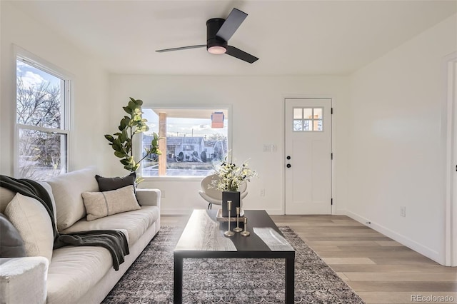 living area with baseboards, a ceiling fan, and light wood-type flooring