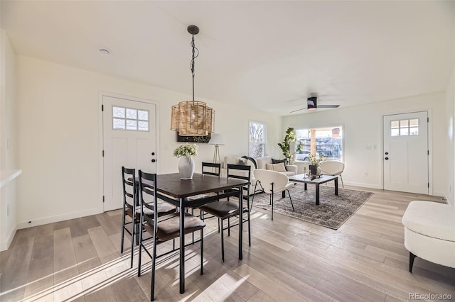dining space with plenty of natural light, light wood-style flooring, ceiling fan, and baseboards