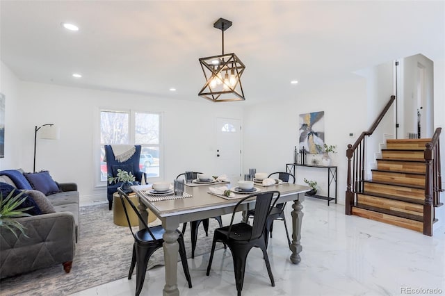 dining area with a notable chandelier, recessed lighting, baseboards, stairs, and marble finish floor