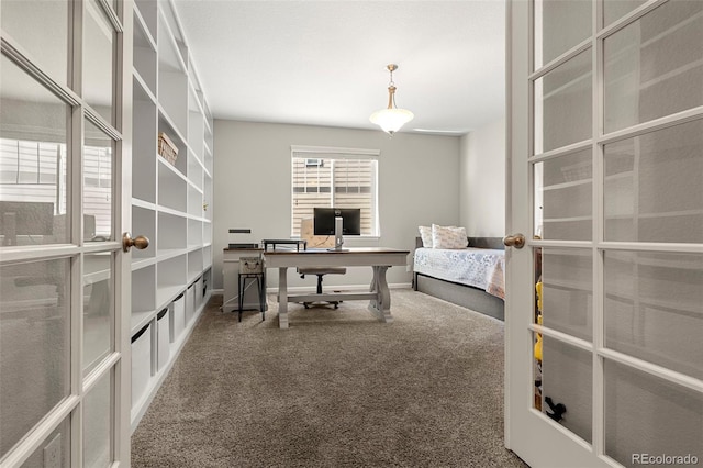 office area with french doors, baseboards, and carpet floors