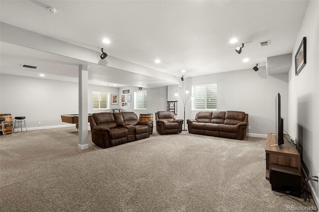 carpeted living area with visible vents, baseboards, and pool table