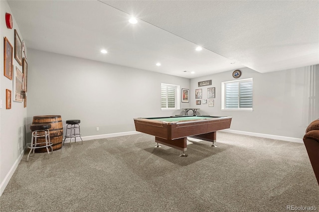 rec room featuring recessed lighting, baseboards, carpet floors, and pool table