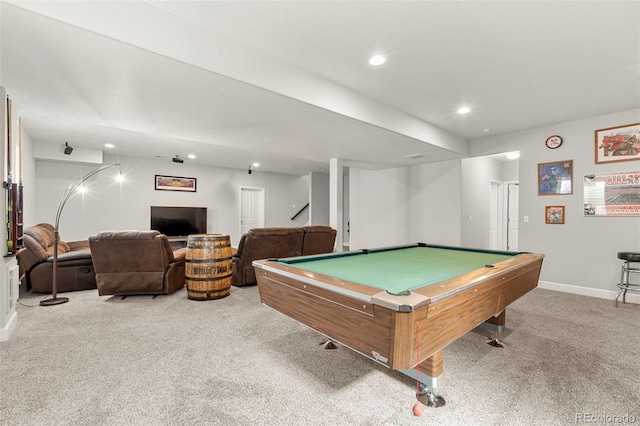 rec room featuring pool table, recessed lighting, carpet, and baseboards