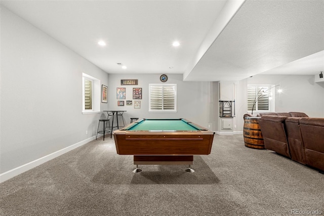 recreation room featuring recessed lighting, pool table, baseboards, and carpet floors