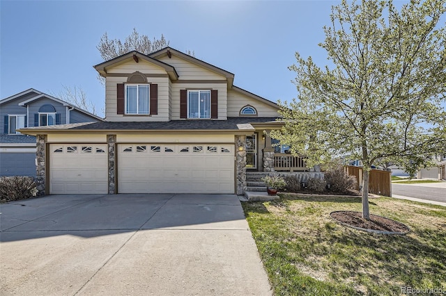 4708 Rock Pipit Ct, Highlands Ranch, CO 80126 - traditional home with driveway, stone siding, a garage, a shingled roof, and a front yard