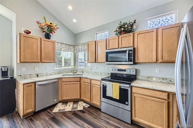 4708 Rock Pipit Ct, Highlands Ranch, CO 80126 - kitchen featuring appliances with stainless steel finishes, vaulted ceiling, a sink, dark wood finished floors, and light stone countertops