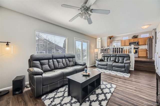 4708 Rock Pipit Ct, Highlands Ranch, CO 80126 - living area with ceiling fan, dark wood-style floors, and baseboards