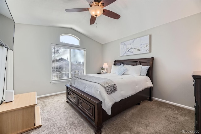 4708 Rock Pipit Ct, Highlands Ranch, CO 80126 - carpeted bedroom featuring lofted ceiling, baseboards, and a ceiling fan