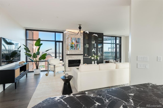 living area featuring expansive windows, a stone fireplace, and wood finished floors