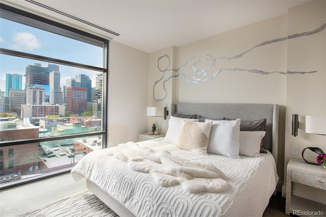 bedroom with carpet floors and a city view