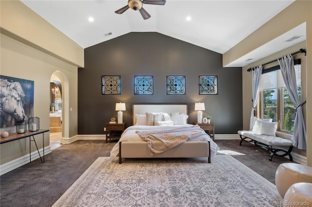 carpeted bedroom with baseboards, arched walkways, visible vents, and recessed lighting
