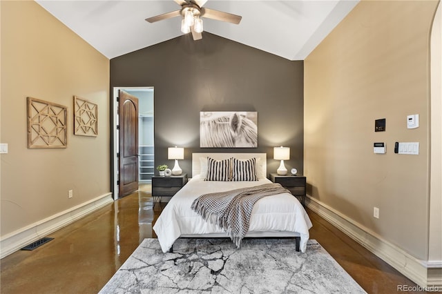 bedroom featuring baseboards, a ceiling fan, finished concrete flooring, and visible vents