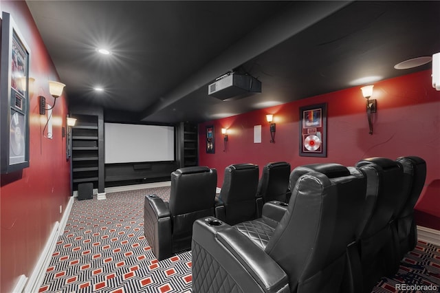 cinema featuring baseboards, recessed lighting, and carpet floors