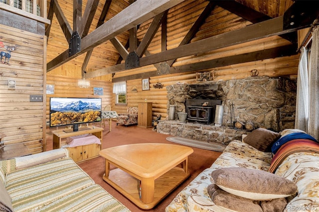living area featuring high vaulted ceiling, carpet flooring, beamed ceiling, rustic walls, and a wood stove