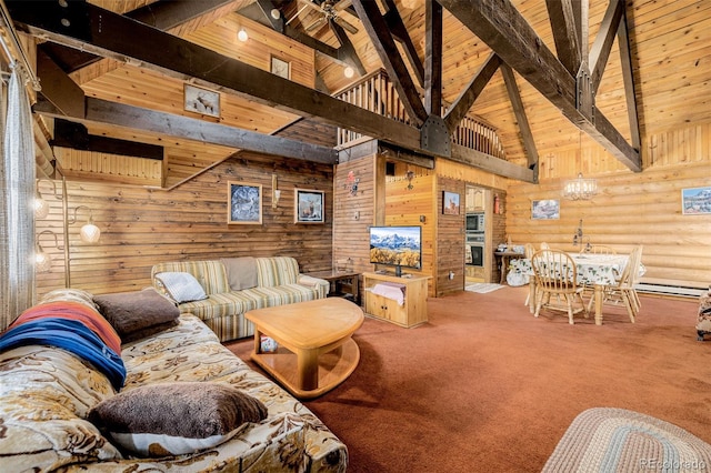living room featuring wooden ceiling, carpet flooring, wood walls, and a notable chandelier