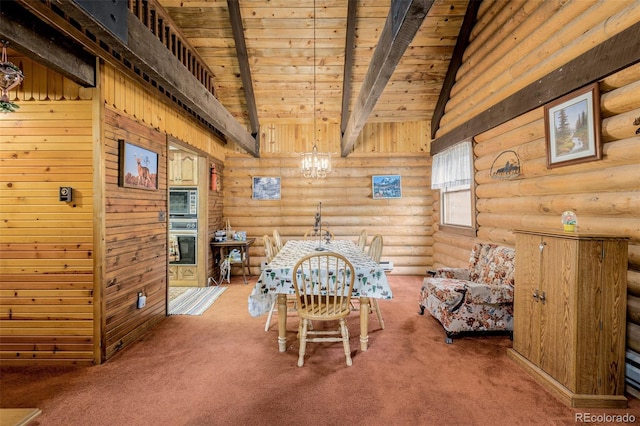 carpeted dining room featuring vaulted ceiling with beams, rustic walls, wood ceiling, and a chandelier