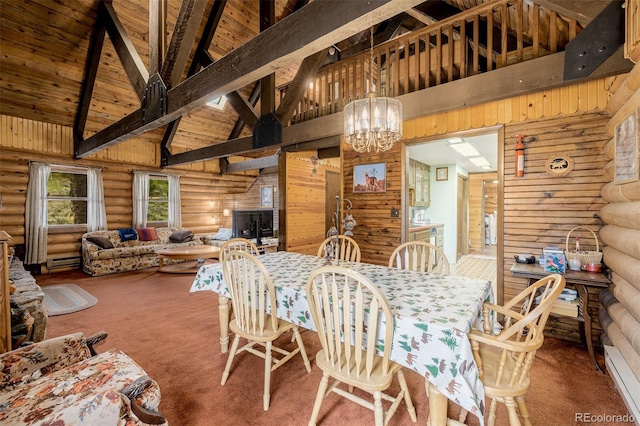 dining area with a chandelier, wood ceiling, baseboard heating, high vaulted ceiling, and beam ceiling