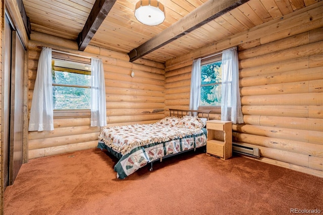 bedroom with carpet, beam ceiling, and wooden ceiling