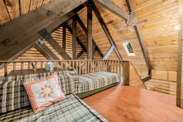 unfurnished bedroom featuring vaulted ceiling with beams, wood ceiling, and log walls
