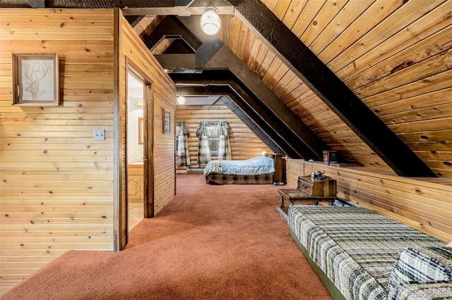 unfurnished bedroom with lofted ceiling with beams, carpet flooring, wood ceiling, and wooden walls