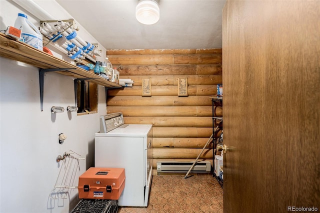 clothes washing area featuring washer / clothes dryer, log walls, and baseboard heating