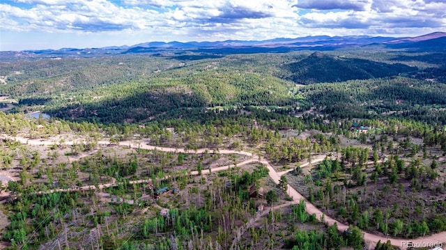 birds eye view of property featuring a mountain view and a view of trees