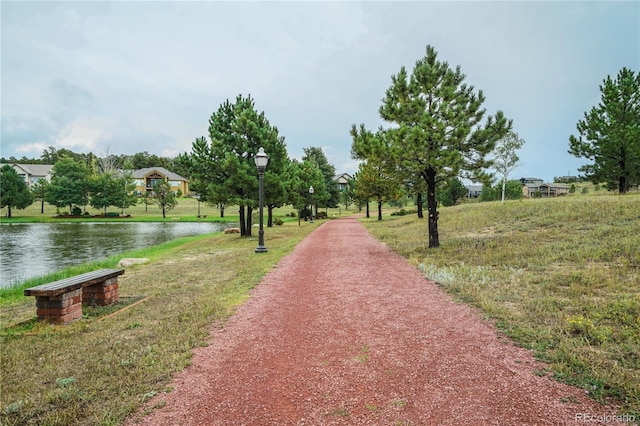 view of home's community featuring a water view and a lawn