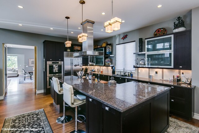 460 N Garfield St, Denver, CO 80206 - kitchen featuring dark cabinetry, island range hood, wood finished floors, appliances with stainless steel finishes, and recessed lighting