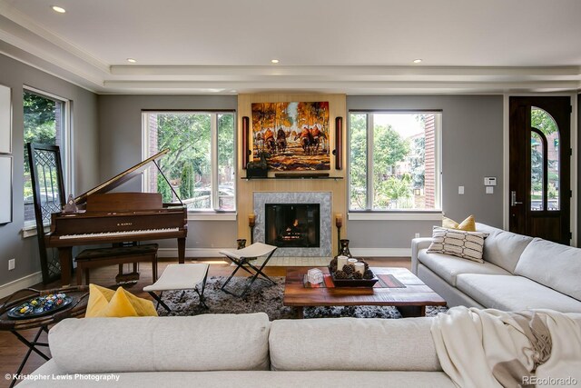 460 N Garfield St, Denver, CO 80206 - living room featuring wood finished floors, healthy amount of natural light, a high end fireplace, and recessed lighting
